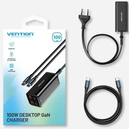 CARGADOR PARED 100W 2xUSB-C + CABLE USB-C/ 2xUSB-A NEGRO VENTION